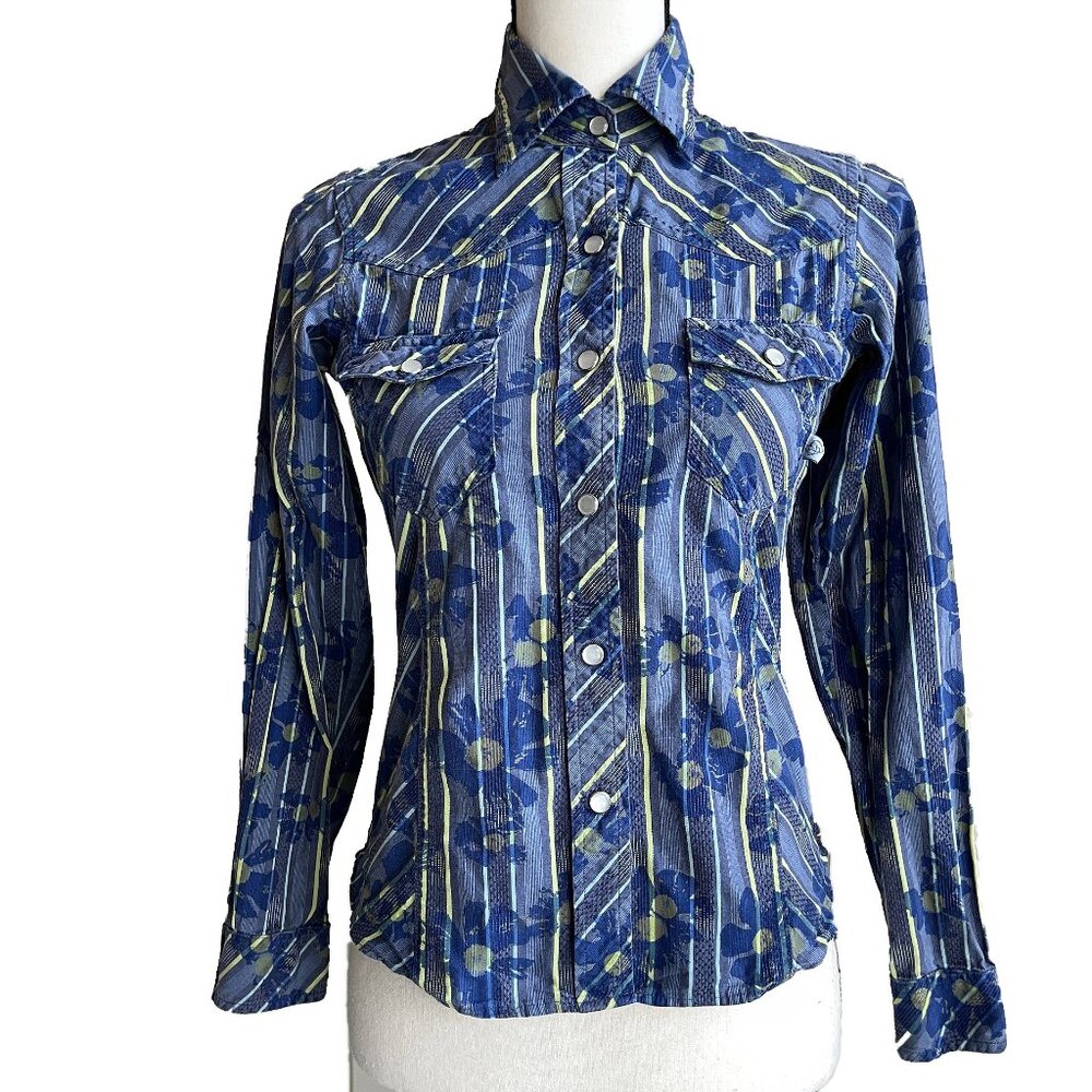 PATAGONIA Blue Yellow Plaid Western Style Fitted Overshirt Size XS Pearl Snaps